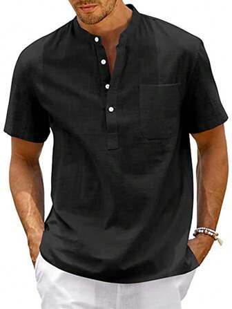 Solid Color Stand Collar Short Sleeve Shirt Casual Loose Fit Pullover Shirt For Men