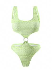 SHEIN Swim 女士夏季海灘幾何印花露肩連身泳衣連遮陽裙 - 綠色 - 查看 7