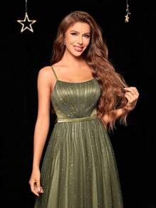 Sparkling Silver Glitter Mesh A-Line Dress With Ruched Bust And Spaghetti Straps, Elegant Formal Evening Prom Wedding Guest Gown, For Graduation, Dinner - Army Green - View 4
