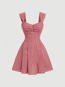 SHEIN MOD 紅色白色格紋無背蝴蝶結野餐夏日假期百褶裙