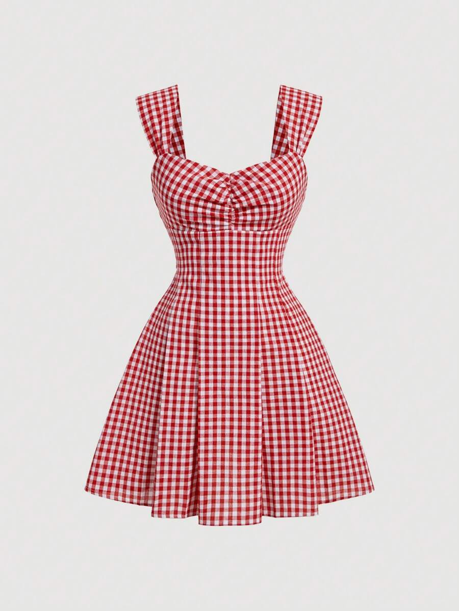 SHEIN MOD 紅色白色格紋無背蝴蝶結野餐夏日假期百褶裙