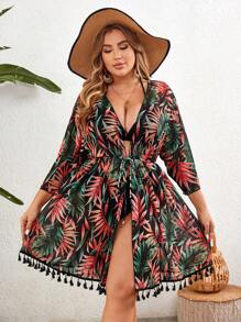Swim Lushoire Plus Size Women Vacation Style Long Sleeve Kimono With Tree Leaf Print Summer
