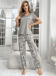 Women's Cute Panda Cartoon Short Sleeve Pajama Set With Long Pants - Grey - View 5