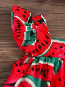 SHEIN Baby Girl Cute Vacation Cartoon Pattern Square Neck Cap Sleeve Dress, Summer - Red - View 5