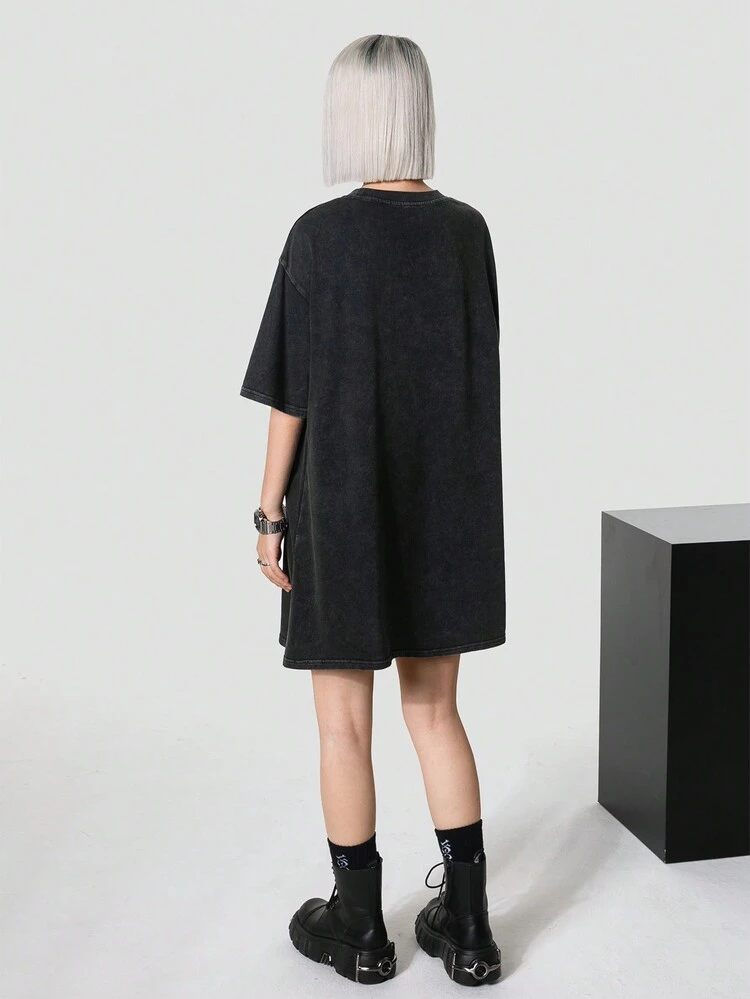 2024 Spring/Summer Street Style Oversized Washed Distressed Portrait Print Short Sleeve Dress & Set