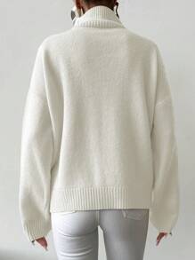 EURMUSE Women's Solid Colored Stand Collar Drop Shoulder Sweater - White - View 3