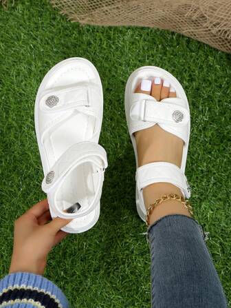 Elegant Women's Casual Fashion Hook And Loop Sandals, Flat Rhinestone Embellished Athletic Thick Sole Beach Sandals, New Design