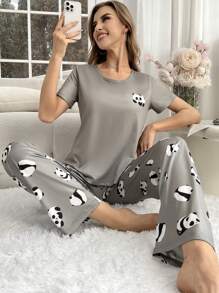 Women's Cute Panda Cartoon Short Sleeve Pajama Set With Long Pants - Grey - View 1