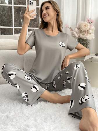 Women's Cute Panda Cartoon Short Sleeve Pajama Set With Long Pants