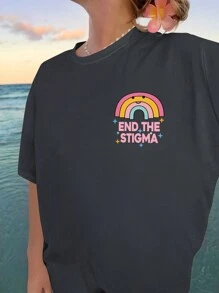 INAWLY Plus Size Casual Loose Short Sleeve T-Shirt With Slogan Print, Suitable For Summer, Summer Women Top, IT'S OK TO NOT BE OK, YOU ARE ENOUGH, THE WORLD IS A BETTER PLACE WITH YOU IN IT, MENTAL HEALTH MATTERS, KEEP GOING, DON'T BE SO YOURSELF, END THE STIGMA Graphic Tees Women Tops - Dark Grey - View 2