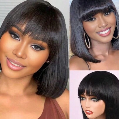 Machine Made Short Straight With Bangs Wig 150% Density 8-14 Inch Natural Black Color 100% Human Hair Top Quality Wig For Women