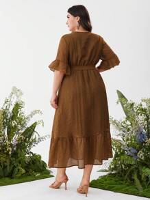 Mulvari Plus Size Solid Color Dress With Ruffled Hem And Waistband, Casual Summer - Brown - View 2