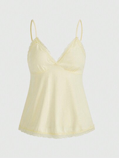 Fairycore Canotta ampia scollo a V con merletto a contrasto, minimalista, per l'estate