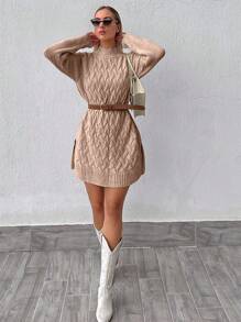 EURMUSE Mock Neck Raglan Sleeve Split Hem Cable Knit Sweater Dress Without Belt - Camel - View 4