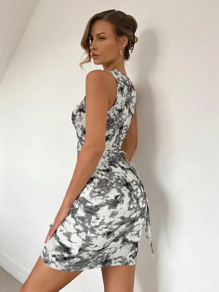 Women's Summer Casual Tie-Dye Printed Hollow Out Bodycon Mini Dress With Straps For Vacation