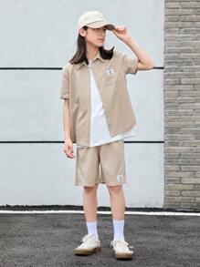 SHEIN Tween Boy Letter Patched Detail Shirt & Shorts Without Tee - Khaki - View 5