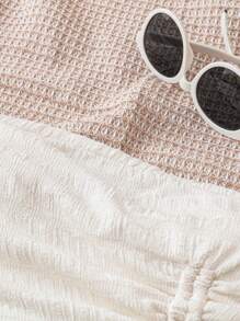 Soleia Women's Vacation Creamy White And Apricot Textured Knit Top With Strapless And Slits, Featuring Drawstring Design. Perfect Outfit For Graduation Season And Afternoon Tea Gathering.