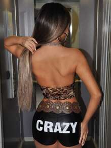 SHEIN ICON Parte superior corta sin espalda, sin mangas, con estampado de animal de leopardo para el verano - Marrón - Ver 3