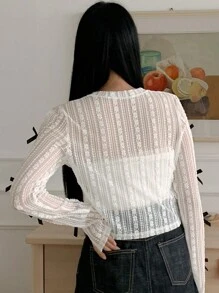 DAZY Blusa sencilla y lisa con decoración de lazo, manga larga para mujer, ideal para uso diario en verano