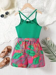 少女夏季熱帶植物印花鬆緊背心連體褲 - 彩色 - 查看 2