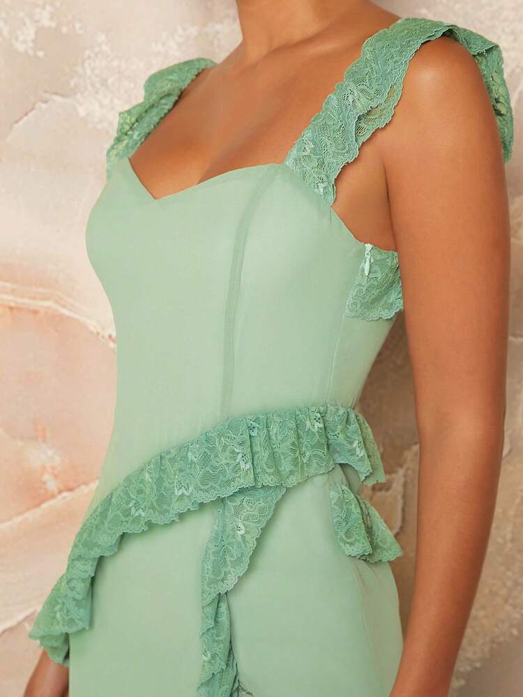 Asymmetric Lace Ruffle Draped Split Party Dress