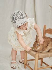 SHEIN Baby Girl Summer Vacation Ditsy Floral Lace Hem Shirt Skirt Set - White - View 4