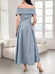 Modelyn 女士露肩双排扣上衣和裙子两件套，简约风格两件套 - 綠色 - 查看 12