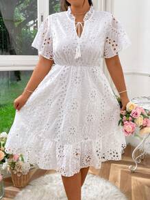 Sunnyshic Plus Size Boho Summer Short Sleeve Dress With Tie Neck, Simple Eyelet Embroidered Ruffle Hem Vacation Beach Outfits Women