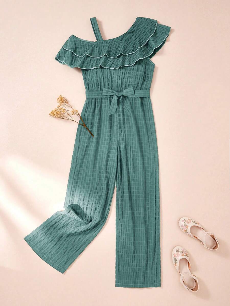 SHEIN Tween Girl Elegant And Casual Jumpsuit With Asymmetrical Neckline And Wide-Leg Design - Green - View 1