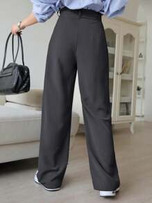 DAZY 女式纯色褶皱直筒阔腿宽松商务休闲裤，女式正装裤秋冬 - 深灰色 - 查看 2