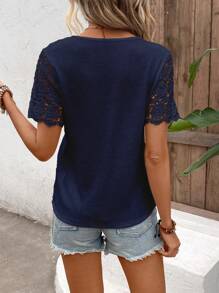 EMERY ROSE Women Summer Solid Color Contrast Lace Trim V-Neck Short Sleeve Elegant T-Shirt - Navy Blue - View 2