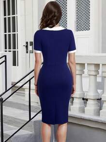 HOMEYEE 復古風格短袖立領對比色塊修身連衣裙，適用於職業和優雅的OL造型