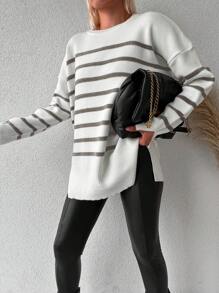 SHEIN Cottnline Women's Striped Drop Shoulder Loose Sweater - Brown - View 6
