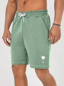 RueChic Shorts de cintura ajustable con cordón estampado de árboles de coco para hombre, ideales para deporte, vacaciones y uso casual en verano - verde menta - Ver 2