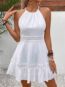 SHEIN LUNE Guipure Lace Panel Backless Ruffle Hem Dress - White - View 7