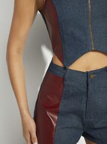 SHEIN Unity Mixed Fabric PU Panels Tank & Shorts Two Pieces Set - Multicolor - View 4