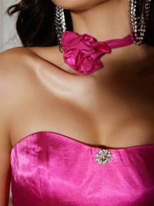 GENKIRA 优雅公主花卉颈链短款上衣和迷你裙两件套，修身腰部夏季连衣裙，适合女士毕业/派对服装 - 玫紅色 - 查看 7