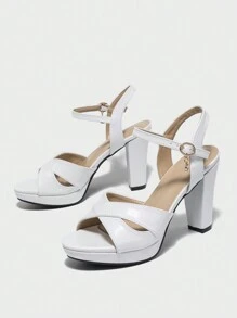 Women's High Heel Sandals With Alluring Rhinestone Buckle Ankle Strap, Platform Chunky Heel, White, Glamorous For Party, Elegant For Vacation, Fashion Footwear