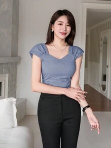 Wynsel 女士夏季素色裝飾領露肩短袖波浪邊T卹 - 藍色 - 查看 5