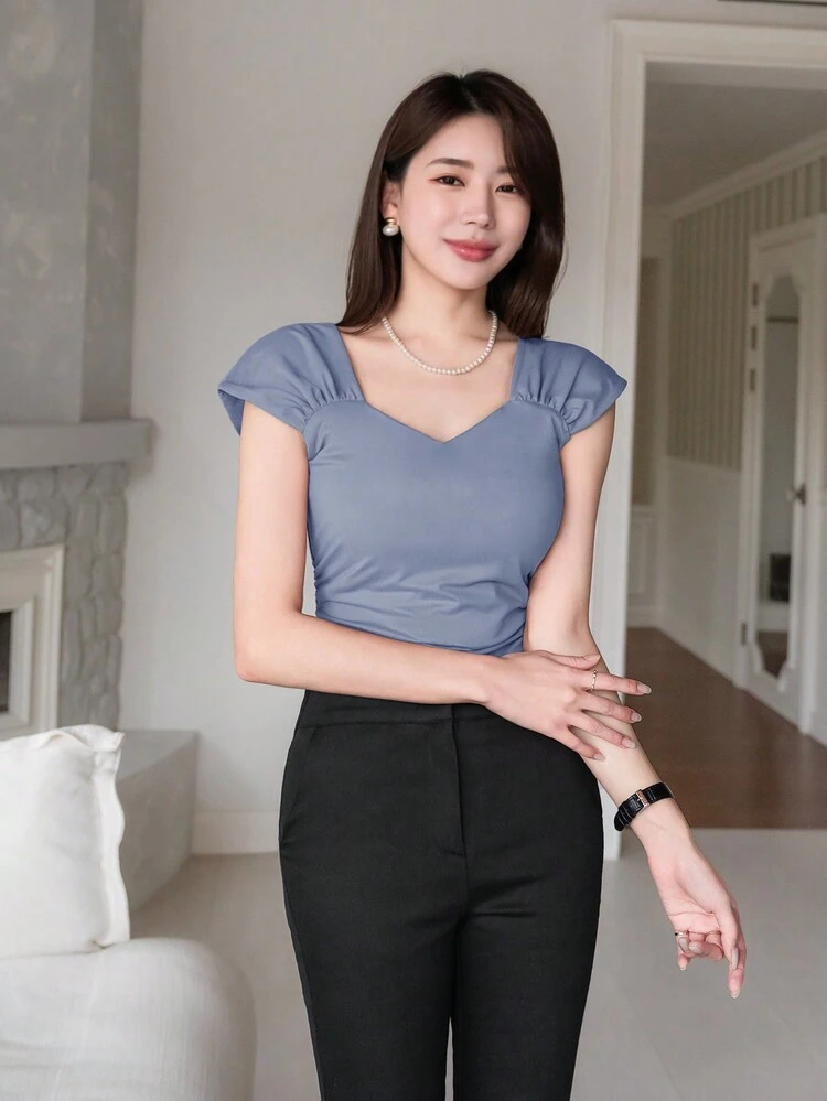 Women's Summer Solid Color Sweetheart Neck Off-Shoulder Short Sleeve Ruffled T-Shirt