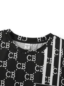 SHEIN 青少年男孩夏季短袖短褲字母圖案針織休閒寬鬆防火睡衣套裝