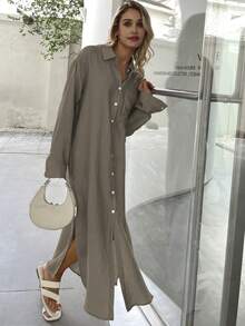 Women Casual Oversized Loose Maxi Shirt Dress - Army Green - View 3