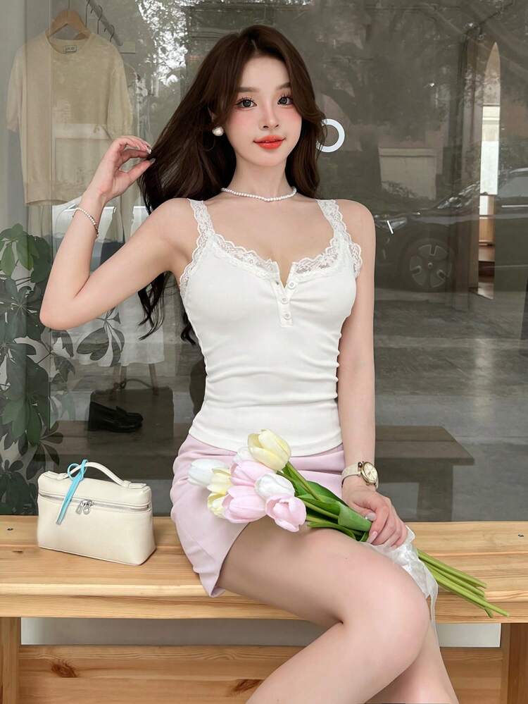 Women's Lace Patchwork Single-Breasted Summer Camisole Top For Base Layer