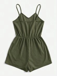 SHEIN EZwear Summer Casual And Loose Solid Pink Waffle Knit Cami Short Romper - Army Green - View 2