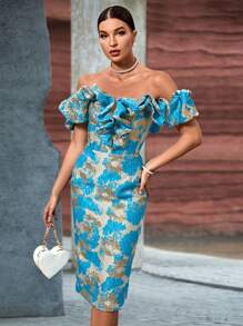 Women Blue Jacquard Off Shoulder Dress Party Dress Wedding Guest Cocktail Dress - Blue - View 7
