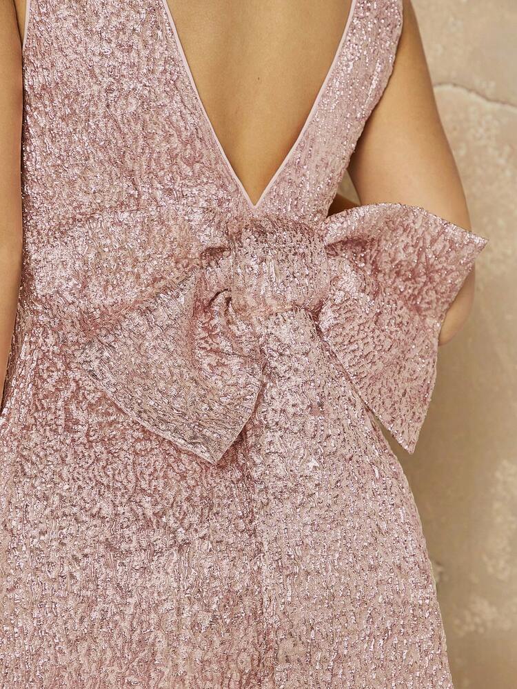 Big Bow Back Draped Metallic Dress