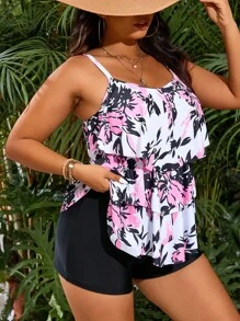 Swim Lushoire Plus Size Women's Summer Beach Vacation Flower Print Ruffle Hem Top And Shorts Casual Tankini Set - Multicolor - View 4