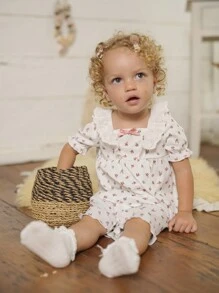 Baby Girl Regular Style Lovely Ladybug & Tiny Flower Digital Printed Bubble Short Sleeve Top And Shorts Set, Multicolor 4pcs Home Outfits - Multicolor - View 3