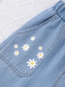Tween-Mädchen Plaid Daisy Printed Puffärmel Shirt Mit Jeans Set Für Urlaub Und Lässig