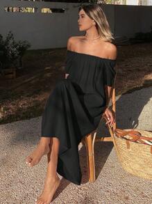 DAZY Đầm maxi nữ màu trơn, kiểu dáng rộng rãi, hở vai, thích hợp cho kỳ nghỉ, kiểu đầm Milkaid, đầm maxi xếp nếp. - màu đen - Xem 1